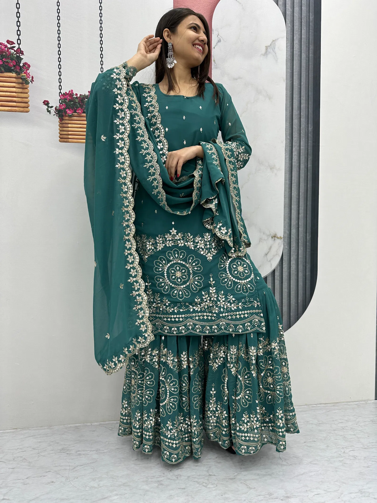 Pf 026 Faux Georgette With Heavy Embroidery Work Top Sarara With Dupatta Wholesale In India